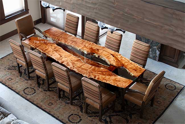 custom made slab dining table from above with chairs